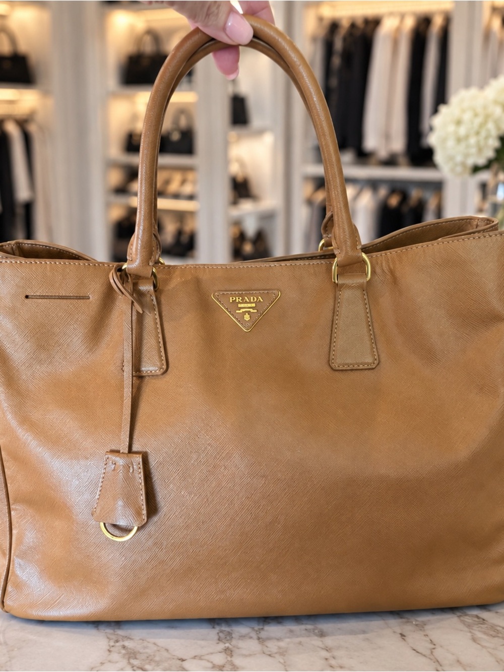 Prada Saffiano Lux Tan Caramel Leather Tote Gold Hardware Made in Italy